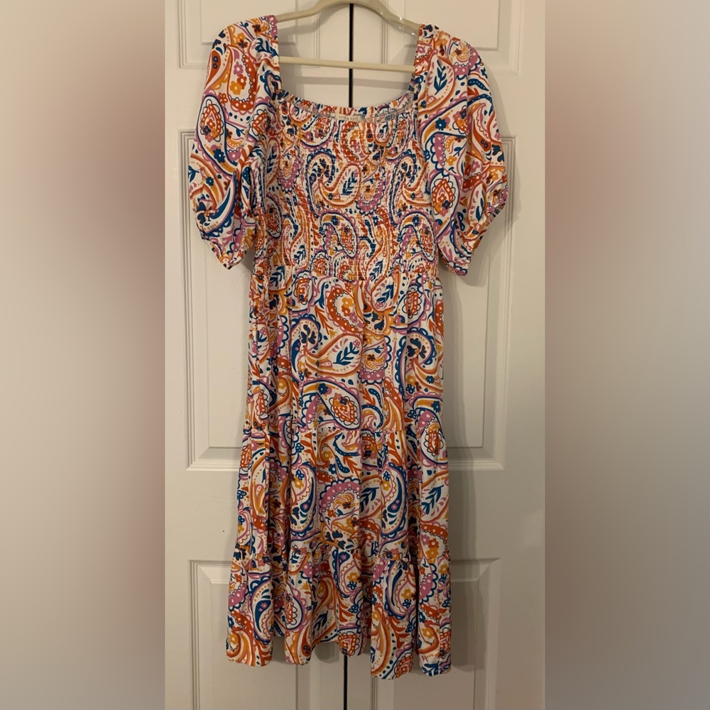Kate & Sam Smocked Paisley Midi Dress Beautiful Colors Size Large NWT